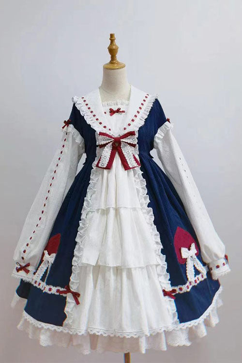 Sweet Lolita OP Dress - Blue/white Round Collar, 2 Colors, Long Sleeves, Bow Detail - additional product view 2