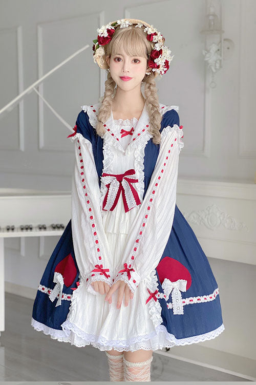 Sweet Lolita OP Dress - Blue/white Round Collar, 2 Colors, Long Sleeves, Bow Detail - additional product view 3