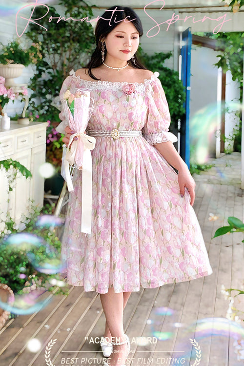 Sweet Lolita OP Dress - Boat Neck, 2 Colors, Plus Size, High Waist, Printed - M Pink / XL Pink / 2XL Pink option