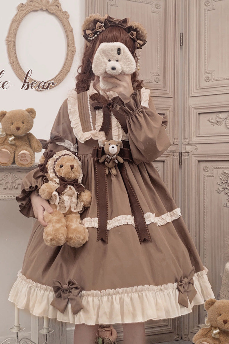 Sweet Lolita OP Dress - Caramel Teddy Bear Round Collar, Brown, Ruffled, Long Sleeves - additional product view 2