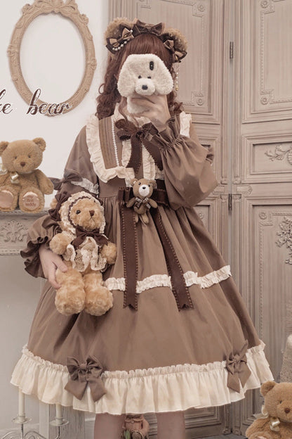 Sweet Lolita OP Dress - Caramel Teddy Bear Round Collar, Brown, Ruffled, Long Sleeves - additional product view 2