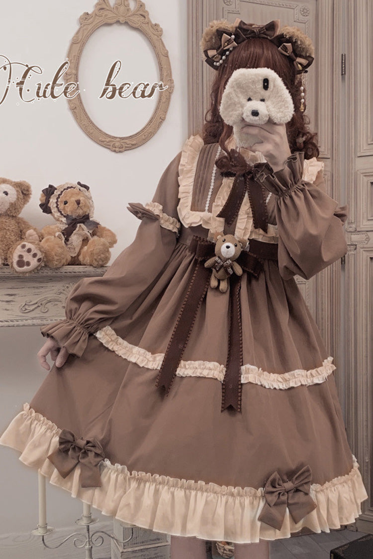 Sweet Lolita OP Dress - Caramel Teddy Bear Round Collar, Brown, Ruffled, Long Sleeves - additional product view 3