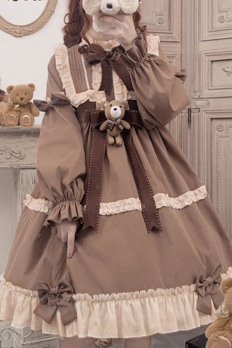 Sweet Lolita OP Dress - Caramel Teddy Bear Round Collar, Brown, Ruffled, Long Sleeves - L Brown / XL Brown / 2XL Brown option