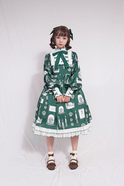 Sweet Lolita OP Dress - Christian Pious Duck Print, 2 Colors, Printed, Long Sleeves - S Green / M Green / L Green option