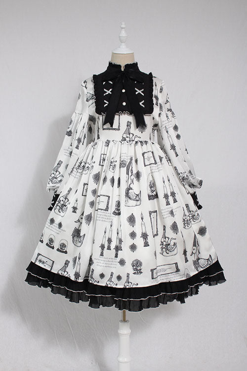 Sweet Lolita OP Dress - Christian Pious Duck Print, White, Bow Detail, Printed - main product image