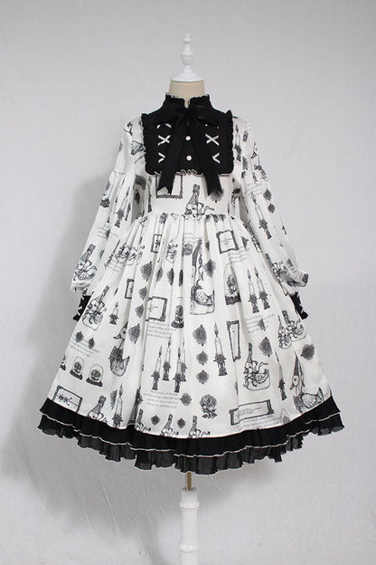 Sweet Lolita OP Dress - Christian Pious Duck Print, White, Bow Detail, Printed - main product image