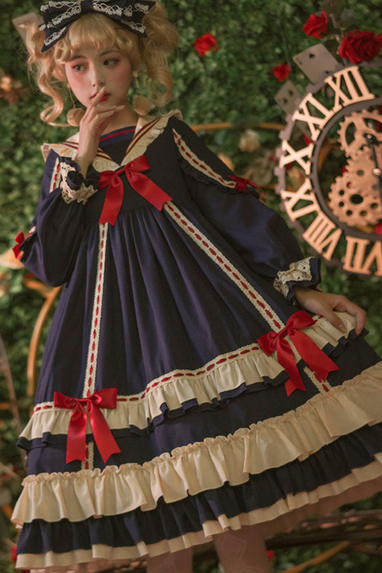 Sweet Lolita OP Dress - Court Style, 2 Colors, High Waist, Bow Detail, Ruffled - S blue / M blue / L blue option