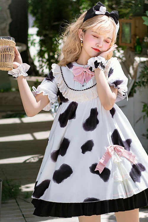 Sweet Lolita OP Dress - Cow Pattern Print, White, Printed, Bow Detail, Ruffled - additional product view 2
