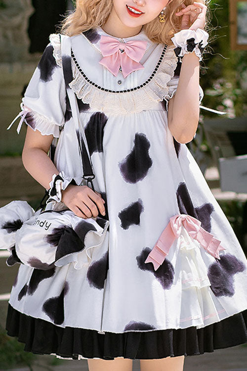 Sweet Lolita OP Dress - Cow Pattern Print, White, Printed, Bow Detail, Ruffled - main product image