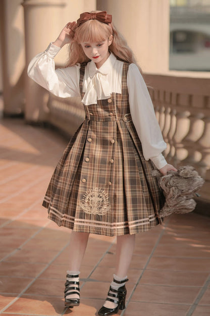 Sweet Lolita OP Dress - Detective Girl Lapel Collar, 2 Colors, Double-Breasted, Plaid - additional product view 2