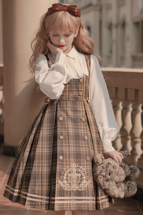 Sweet Lolita OP Dress - Detective Girl Lapel Collar, 2 Colors, Double-Breasted, Plaid - additional product view 3