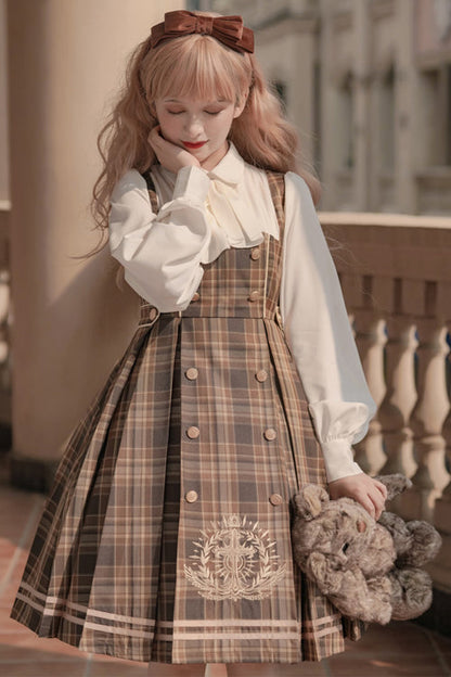 Sweet Lolita OP Dress - Detective Girl Lapel Collar, 2 Colors, Double-Breasted, Plaid - additional product view 3