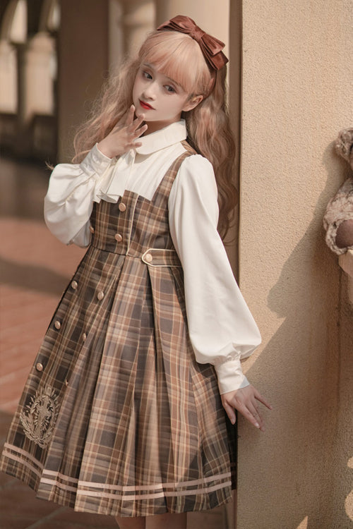 Sweet Lolita OP Dress - Detective Girl Lapel Collar, 2 Colors, Double-Breasted, Plaid - additional product view 4