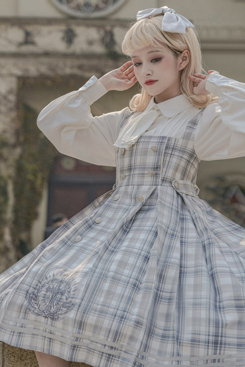 Sweet Lolita OP Dress - Detective Girl Lapel Collar, 2 Colors, Double-Breasted, Plaid - additional product view 6