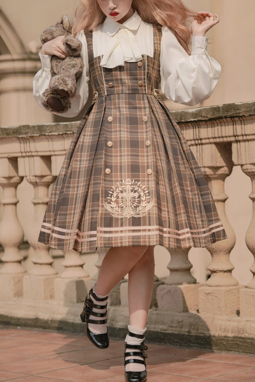 Sweet Lolita OP Dress - Detective Girl Lapel Collar, 2 Colors, Double-Breasted, Plaid - main product image