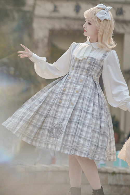 Sweet Lolita OP Dress - Detective Girl Lapel Collar, 2 Colors, Double-Breasted, Plaid - S Grey / M Grey / L Grey option