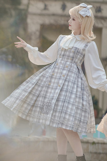 Sweet Lolita OP Dress - Detective Girl Lapel Collar, 2 Colors, Double-Breasted, Plaid - S Grey / M Grey / L Grey option