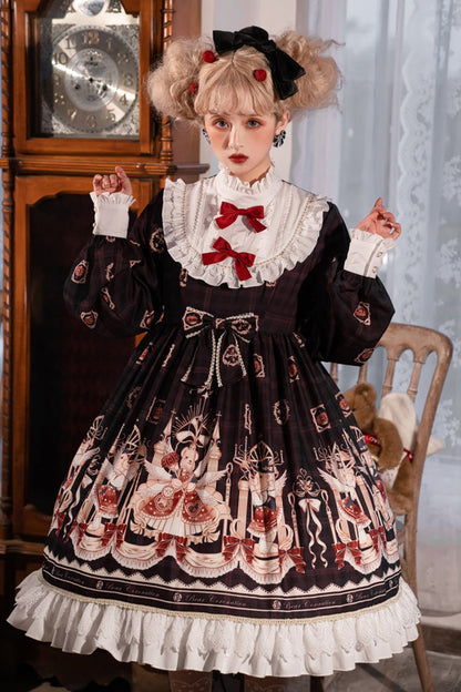 Sweet Lolita OP Dress - Doll Collar Lantern, 2 Colors, Ruffled, Printed, Long Sleeves - additional product view 3