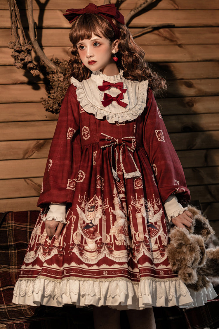 Sweet Lolita OP Dress - Doll Collar Lantern, 2 Colors, Ruffled, Printed, Long Sleeves - additional product view 5