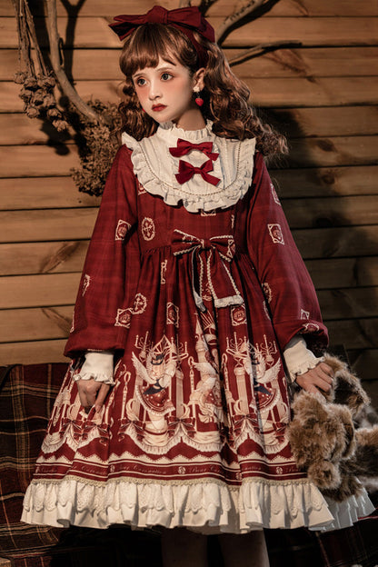 Sweet Lolita OP Dress - Doll Collar Lantern, 2 Colors, Ruffled, Printed, Long Sleeves - additional product view 5