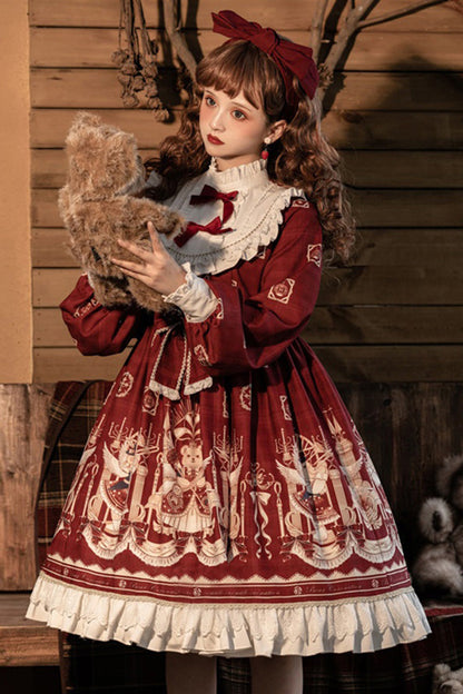 Sweet Lolita OP Dress - Doll Collar Lantern, 2 Colors, Ruffled, Printed, Long Sleeves - additional product view 6
