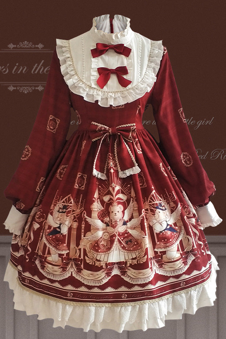 Sweet Lolita OP Dress - Doll Collar Lantern, 2 Colors, Ruffled, Printed, Long Sleeves - main product image