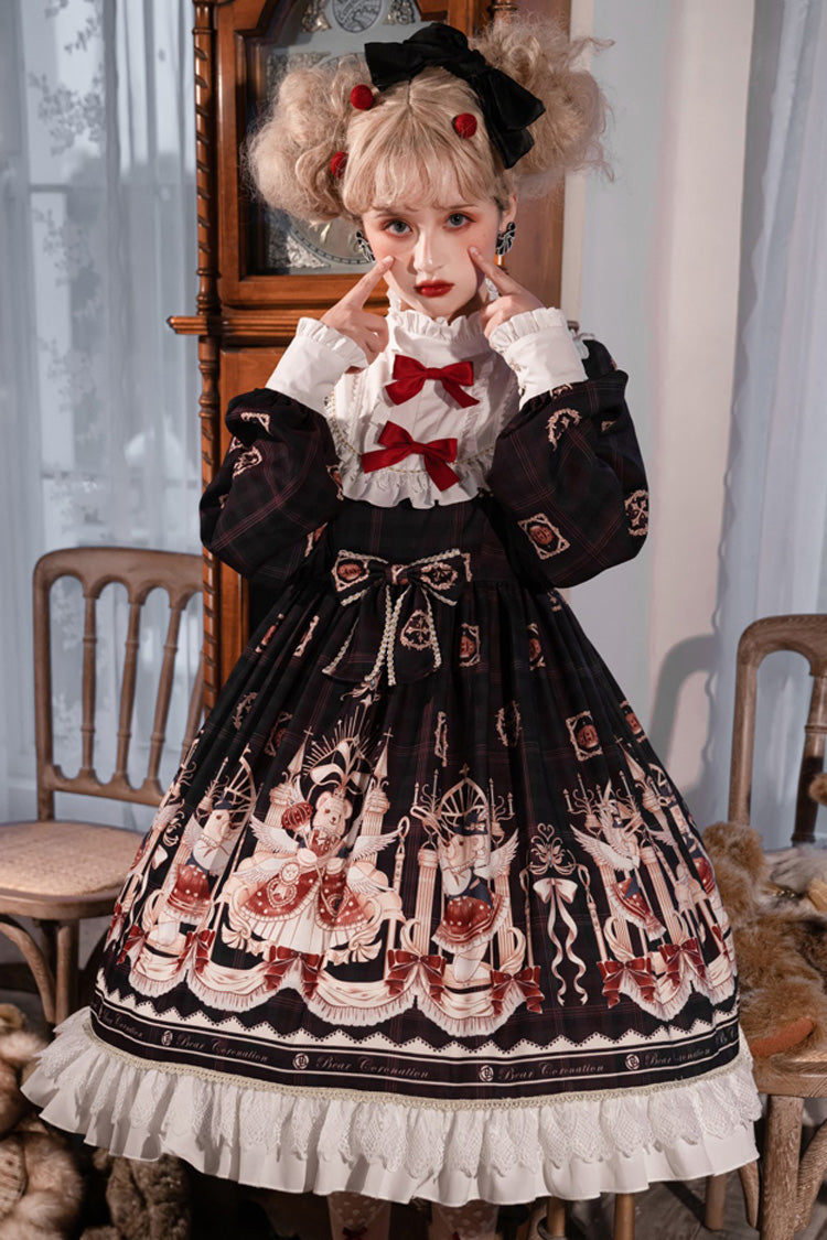 Sweet Lolita OP Dress - Doll Collar Lantern, 2 Colors, Ruffled, Printed, Long Sleeves - S Black / M Black / L Black option