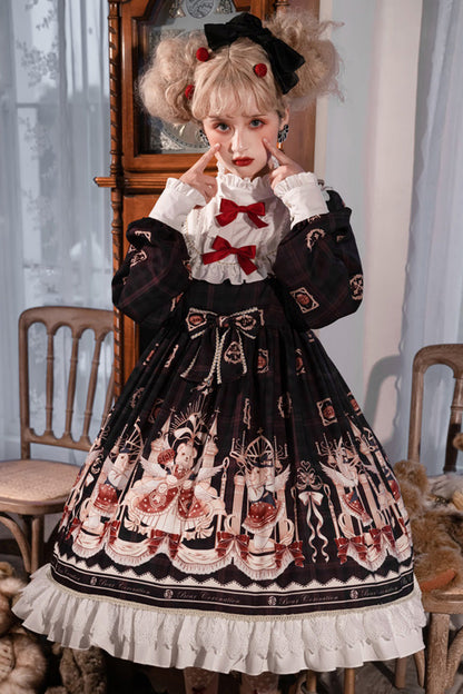 Sweet Lolita OP Dress - Doll Collar Lantern, 2 Colors, Ruffled, Printed, Long Sleeves - S Black / M Black / L Black option