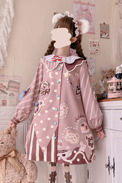 Sweet Lolita OP Dress - Doll Lapel Collar Single, Pink, Long Sleeves, Printed - additional product view 2