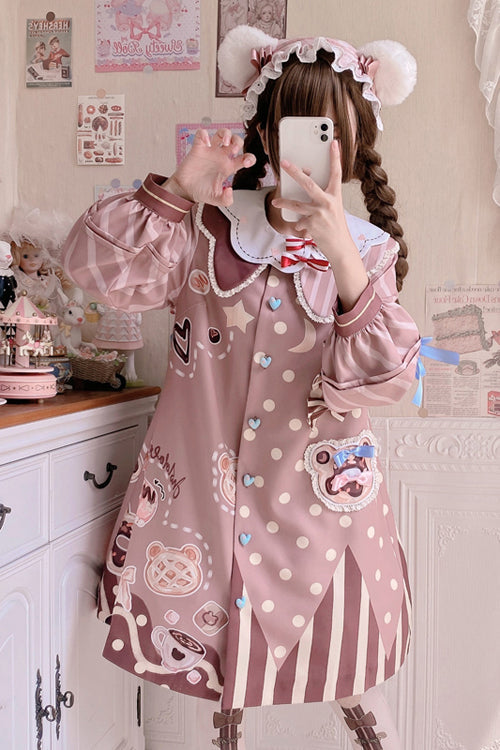 Sweet Lolita OP Dress - Doll Lapel Collar Single, Pink, Long Sleeves, Printed - additional product view 3