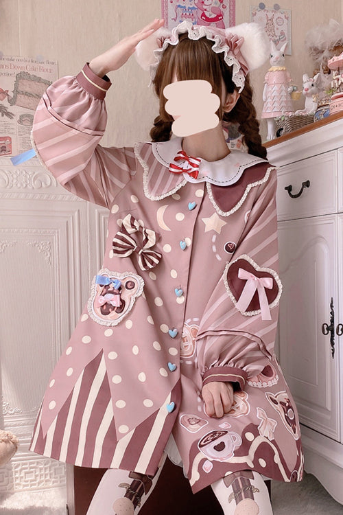 Sweet Lolita OP Dress - Doll Lapel Collar Single, Pink, Long Sleeves, Printed - additional product view 4