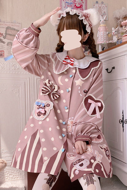 Sweet Lolita OP Dress - Doll Lapel Collar Single, Pink, Long Sleeves, Printed - additional product view 4