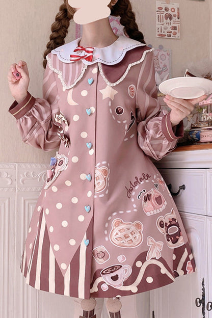 Sweet Lolita OP Dress - Doll Lapel Collar Single, Pink, Long Sleeves, Printed - main product image