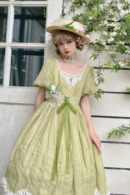 Sweet Lolita OP Dress - Elegant Vintage Square Collar, Green, Square Collar, Classic Style - additional product view 2