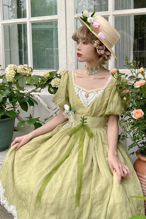 Sweet Lolita OP Dress - Elegant Vintage Square Collar, Green, Square Collar, Classic Style - additional product view 3