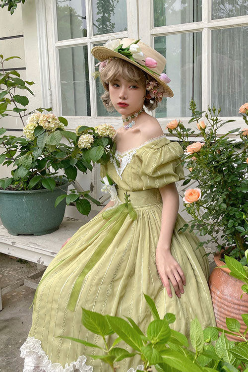 Sweet Lolita OP Dress - Elegant Vintage Square Collar, Green, Square Collar, Classic Style - additional product view 4