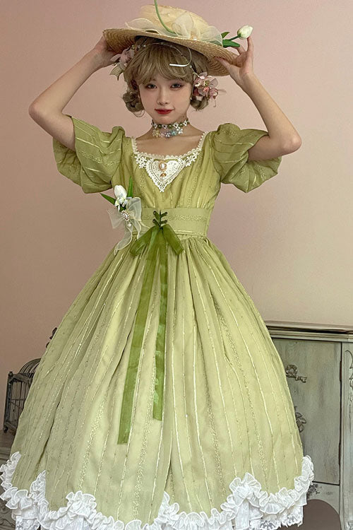Sweet Lolita OP Dress - Elegant Vintage Square Collar, Green, Square Collar, Classic Style - additional product view 5