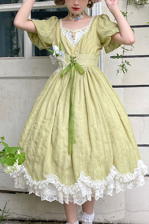 Sweet Lolita OP Dress - Elegant Vintage Square Collar, Green, Square Collar, Classic Style - main product image