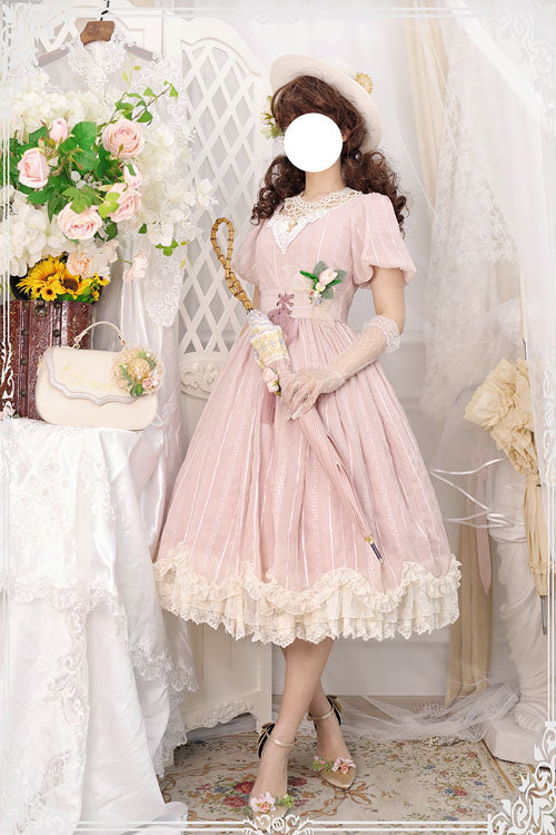 Sweet Lolita OP Dress - Elegant Vintage Square Collar, Pink, Square Collar, Classic Style - additional product view 3