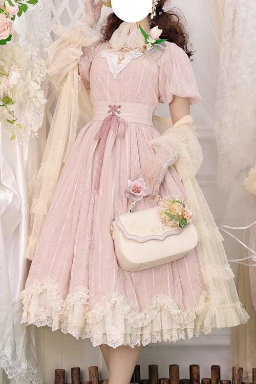 Sweet Lolita OP Dress - Elegant Vintage Square Collar, Pink, Square Collar, Classic Style - main product image