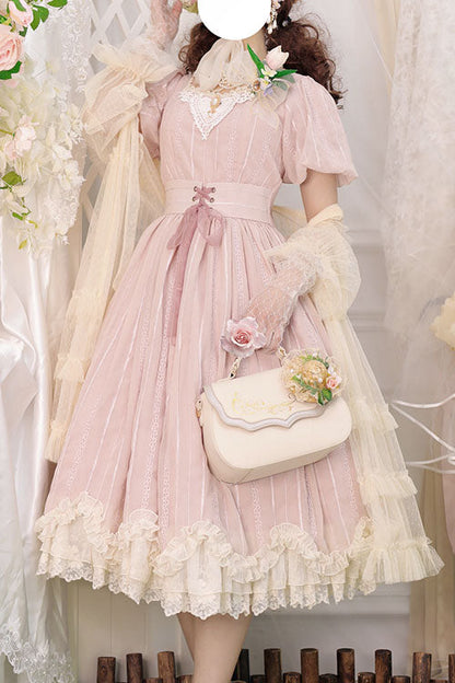 Sweet Lolita OP Dress - Elegant Vintage Square Collar, Pink, Square Collar, Classic Style - main product image