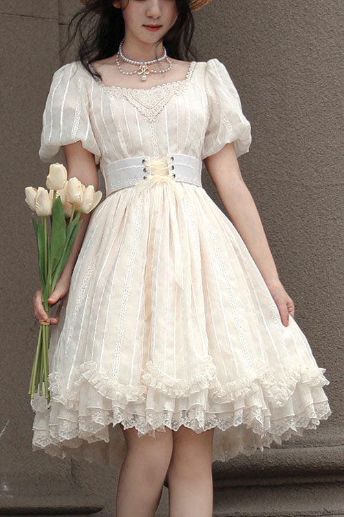 Sweet Lolita OP Dress - Elegant Vintage Tulip Square, Ivory, Short Version, Square Collar - main product image