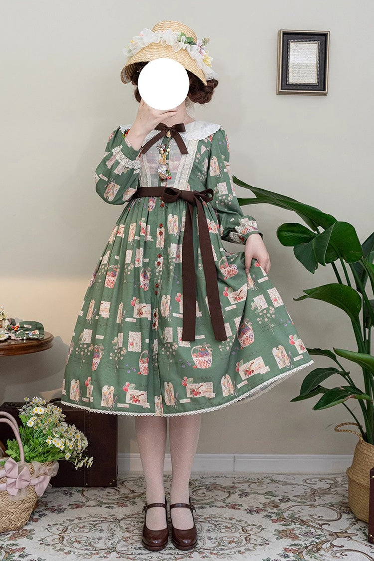 Sweet Lolita OP Dress - Forest Illustrated Book, 3 Colors, Printed, Long Sleeves, Ruffled - XS Green / S Green / M Green option