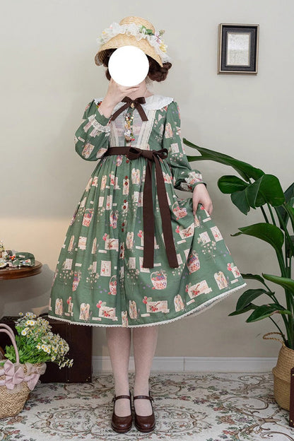Sweet Lolita OP Dress - Forest Illustrated Book, 3 Colors, Printed, Long Sleeves, Ruffled - XS Green / S Green / M Green option