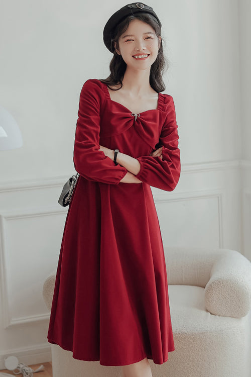 Sweet Lolita OP Dress - French Hepburn Velvet Square, Red, Square Collar, High Waist - additional product view 2