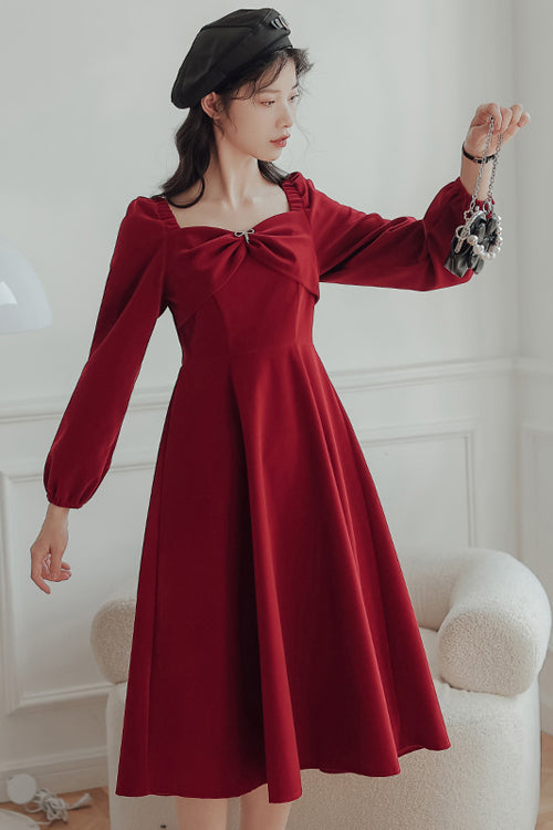 Sweet Lolita OP Dress - French Hepburn Velvet Square, Red, Square Collar, High Waist - additional product view 3