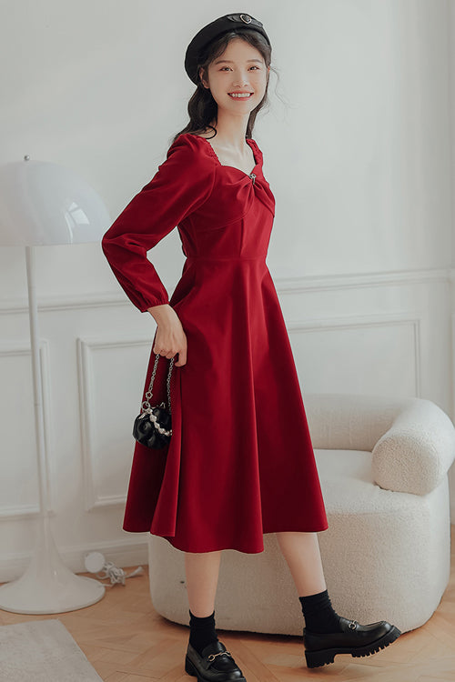 Sweet Lolita OP Dress - French Hepburn Velvet Square, Red, Square Collar, High Waist - additional product view 4