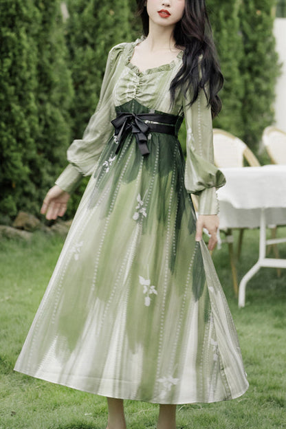 Sweet Lolita OP Dress - French Oil Painting Square, Green, Square Collar, High Waist - main product image