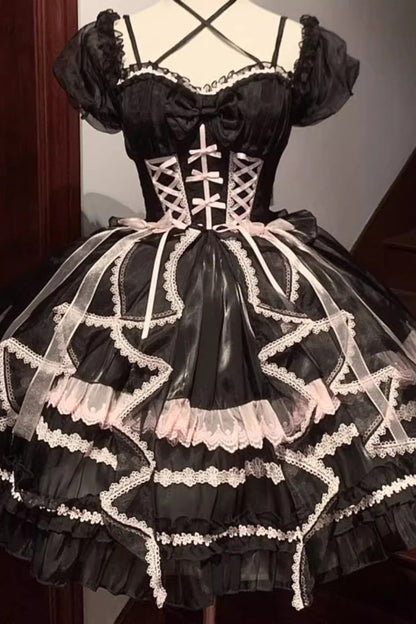 Sweet Lolita OP Dress - Glaze Fantasy, 6 Colors, Embroidered, Bow Detail, Ruffled - S Black / M Black / L Black option