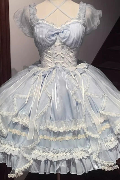 Sweet Lolita OP Dress - Glaze Fantasy, 6 Colors, Embroidered, Bow Detail, Ruffled - S Blue / M Blue / L Blue option